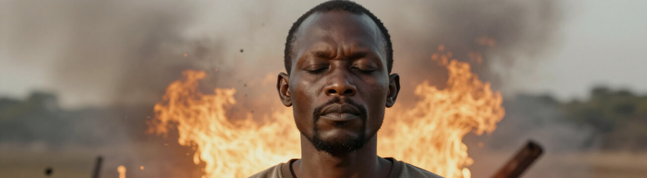 somber portrait african male eyes tightly shut standing front chaotic backdrop blazing flames