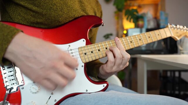 A man playing a red double cut electric guitar. Close up