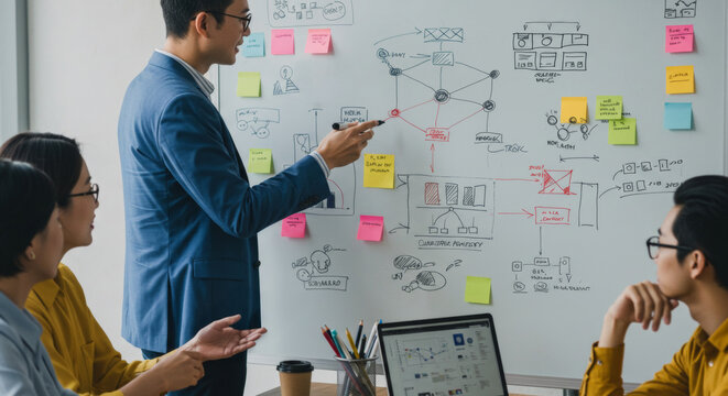 Corporate strategist explaining process maps, visualizing systems architecture, collaborative planning session using dry erase board and adhesive notes.