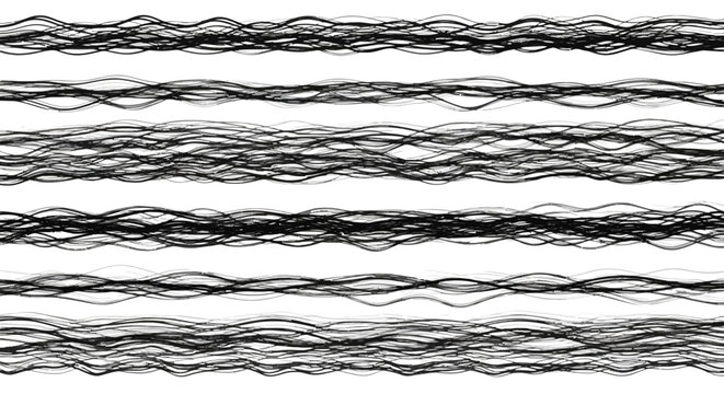 Abstract black wavy lines set, minimalist hand drawn horizontal scribbles on white background, organic textured brush strokes vector collection
