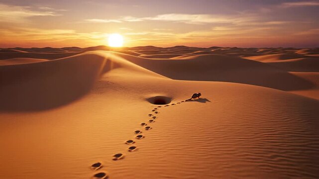 Jerboa enters desert burrow at sunset