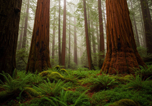 Ancient sequoia grove bathed in fog, giant conifer woodland, primeval forest scene with lush ferns and soft diffused lighting.