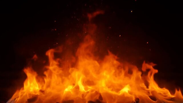 Vibrant Orange Flames Dance Against a Dark Background with Embers Rising Creating Intense Heat and Energy