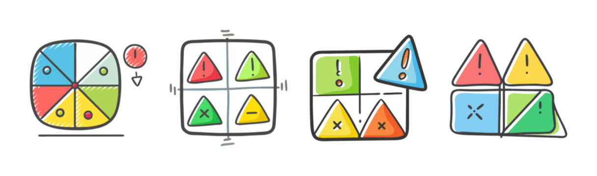 Hand-drawn risk assessment icons, colorful business matrix and warning signs vector set, doodle style management diagrams for data analysis