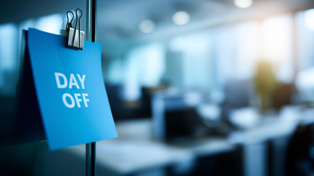 Day off workplace message concept in an office setting representing absence from work and employee leave management. Defocused office background. Day off message, workplace