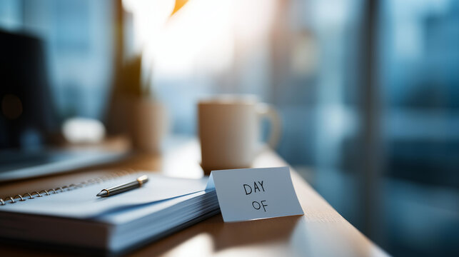 Day off workplace message concept in an office setting representing absence from work and employee leave management. Defocused office background. Day off message, workplace