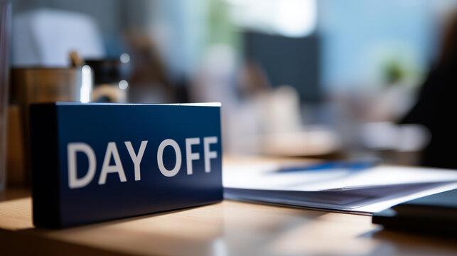 Day off workplace message concept in an office setting representing absence from work and employee leave management. Defocused office background. Day off message, workplace