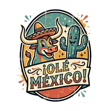 &iexcl;Ole M&eacute;xico! Bull and Cactus cartoon illustration