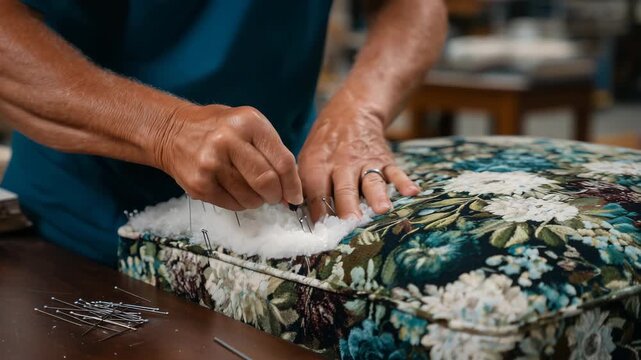 Macro view of hands attaching fabric to a chair backrest, patterns aligned carefully, sewing pins and foam visible, emphasizing attention to detail in upholstery
