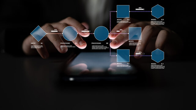 Data Processing and Input Workflow Visualization on Smartphone with Abstract Shapes and Informational Graphics Displayed on Screen Quark.