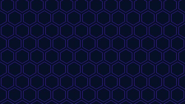 Abstract futuristic honeycomb grid with glowing purple neon lines on dark blue background, seamless geometric technology pattern for sci fi interfaces and motion design
