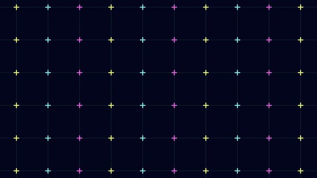 Abstract grid of glowing multicolor cross markers on a dark blue background, repeating calibration test pattern for video editing, motion tracking, VFX and UI overlays