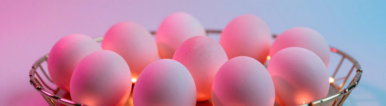 decorative tray overflowing pastel pink easter eggs illuminated soft warm red led lights vibrant pink baby