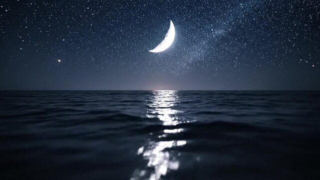 Night sky above ocean crescent moon and stars reflecting on water