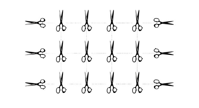 Minimalist scissors with dashed cut lines vector, black and white coupon border icons, 18 scissor symbols for packaging and craft instructions