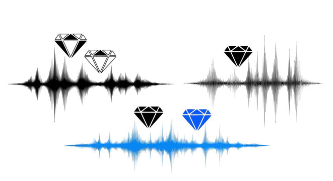 Abstract audio wave vector set with diamond icons, digital sound frequency equalizer bars, blue and black music signal visualization collection