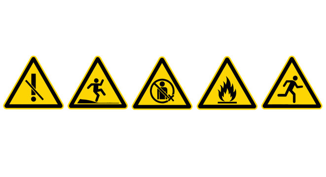 Industrial safety warning signs set, yellow triangular caution icons for workplace hazard prevention, 5 emergency alert symbols in vector format