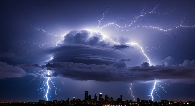 Dramatic lightning storm over cityscape powerful electrical discharge and weather phenomenon