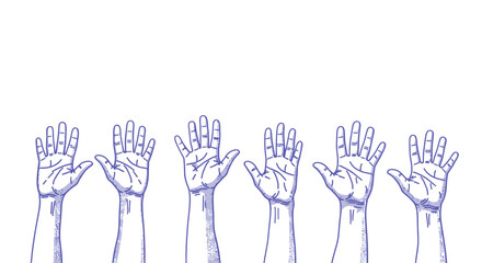 Fototapeta premium Hand drawn raised hands vector illustration, blue ink sketch of people voting or volunteering, community participation and teamwork concept art