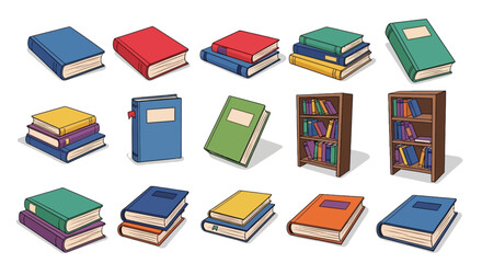 Colorful book collection vector set, isometric library bookshelves and textbook stacks, academic literature and educational reading icons © FATEMA