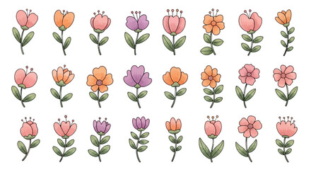 Hand drawn watercolor flower set, 24 floral icons with pink and orange blossoms, botanical garden elements for wedding invitations and greeting cards © FATEMA