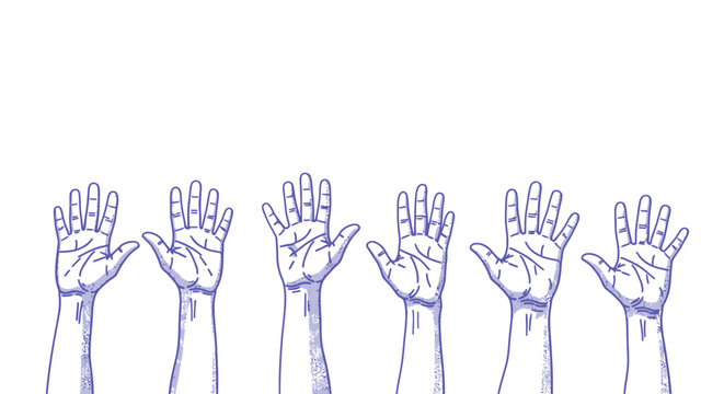 Hand drawn raised hands vector illustration, blue ink sketch of people voting or volunteering, community participation and teamwork concept art