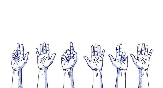 Hand drawn blue ink sketch of raised hands, human arms reaching up in voting or volunteer gesture, group of diverse hand signals vector illustration