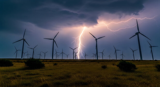 Dramatic lightning strike over wind farm a powerful weather phenomenon
