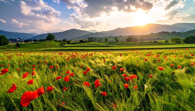 Poppy field at sunset, green hills backdrop, sun rays shining through clouds