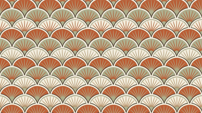 Japanese Seigaiha Seamless Pattern. Retro Terracotta Orange and Green Geometric Background. Art Deco Fan Shape Print for Wrapping Paper, Fabric and Textile. Vintage 70s Wallpaper Design.