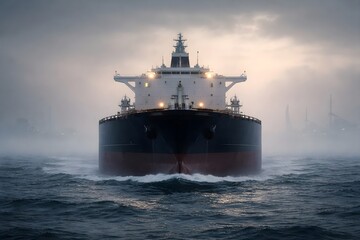 Obraz premium Large oil tanker ship sailing through foggy sea at dawn