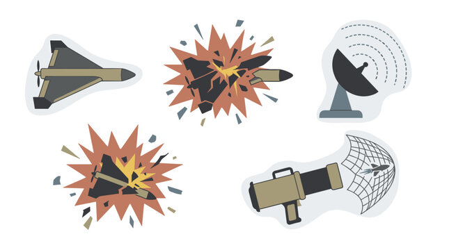 Military drone defense vector icons: kamikaze uav, impact explosion, radar dish, and net launcher.
