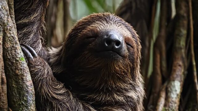A Two-Toed Sloth Rests Peacefully Among Tree Roots