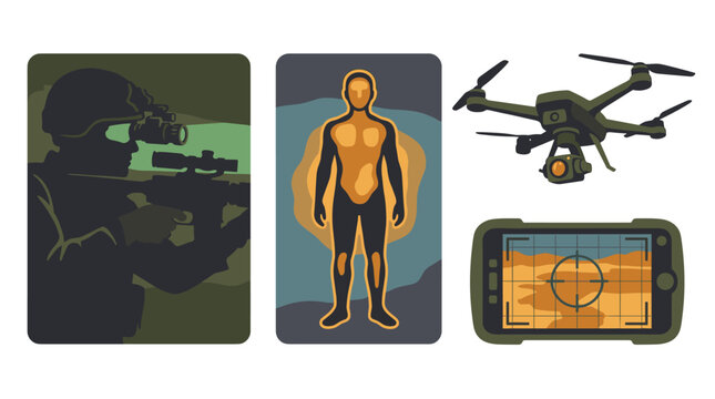 Military night vision and thermal imaging vector set: soldier, drone, and infrared monitoring screen