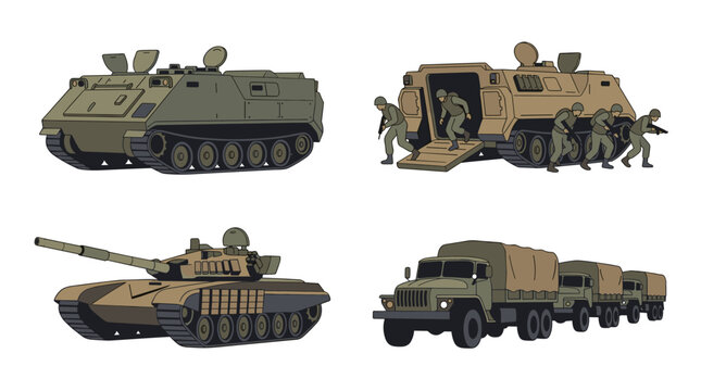 Military armored vehicle vector set: tank, APC, and truck convoy illustrations isolated on white