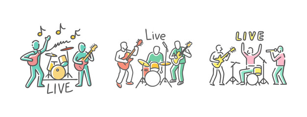 Fototapeta premium Hand drawn live music band icons, sketch rock concert musicians, 3 vector band sets