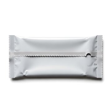 Sealed aluminum foil packet with zipper closure on a plain background