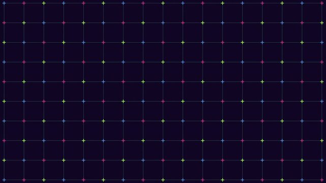 Futuristic abstract background with glowing neon grid and colorful cross markers on a dark surface, ideal for tech interfaces, HUD design, and digital backdrops