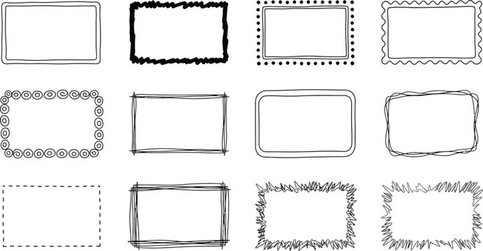 Collection of hand drawn square frames and borders in black and white