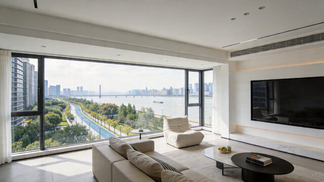 Modern Living Room with City and River View
