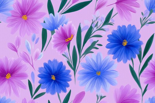 Seamless hand painted gouache floral pattern with textured brush strokes, expressive flowers, artistic surface design