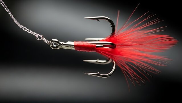 A close-up of a red fishing lure with a metal hook
