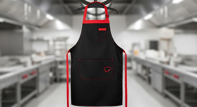 A professional black and red apron displayed on a hanger on transparent background