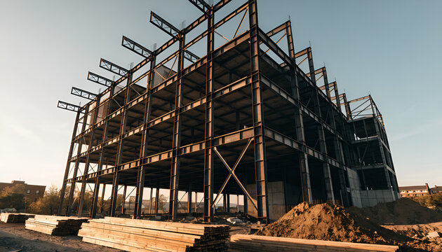 A new urban building takes shape at a busy city construction site where a steel frame and industrial crane rise toward the blue sky amidst scaffolding and concrete, Modern Building Construction 