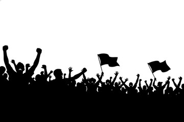 Fototapeta premium Silhouette of Supporters: A dynamic depiction of a cheering crowd, raising their hands in unison, embodying collective support and enthusiasm. Featuring waving flags, capturing the essence of unity.