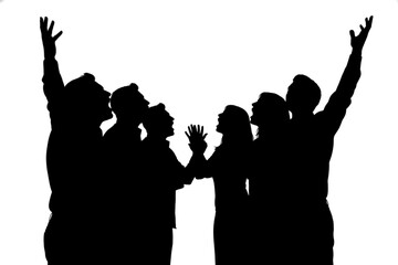 Silhouette of Unity: A powerful silhouette captures a moment of shared purpose and connection as a group stands united, arms raised in a gesture of solidarity. © MetaPixel Studio