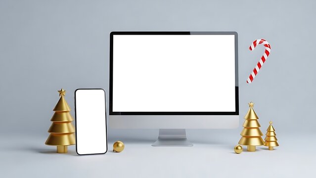 A festive holiday scene with a computer and phone surrounded by Christmas decorations