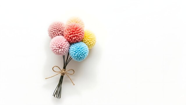 A bouquet of colorful pom poms tied with a brown ribbon