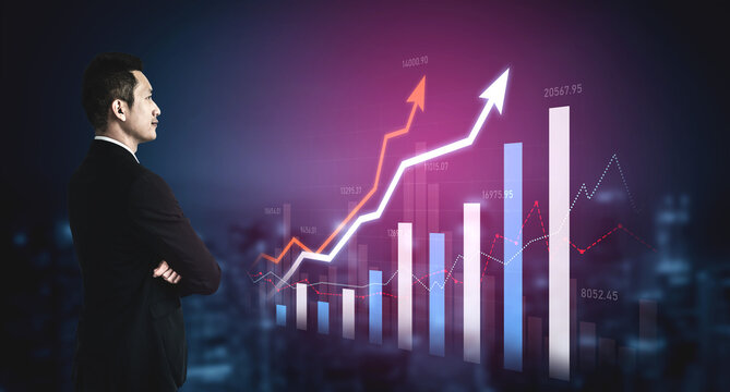 A businessman stands confidently analyzing financial growth through vibrant charts and graphs. The modern office setting reflects dynamic market trends and success. Scalp