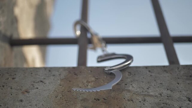 Metal police handcuffs fixed to prison cage bars hang with unlocked lock against blue sky. Symbolizing release from custody. Concept of release from punishment, acquittal or escape from detention.
